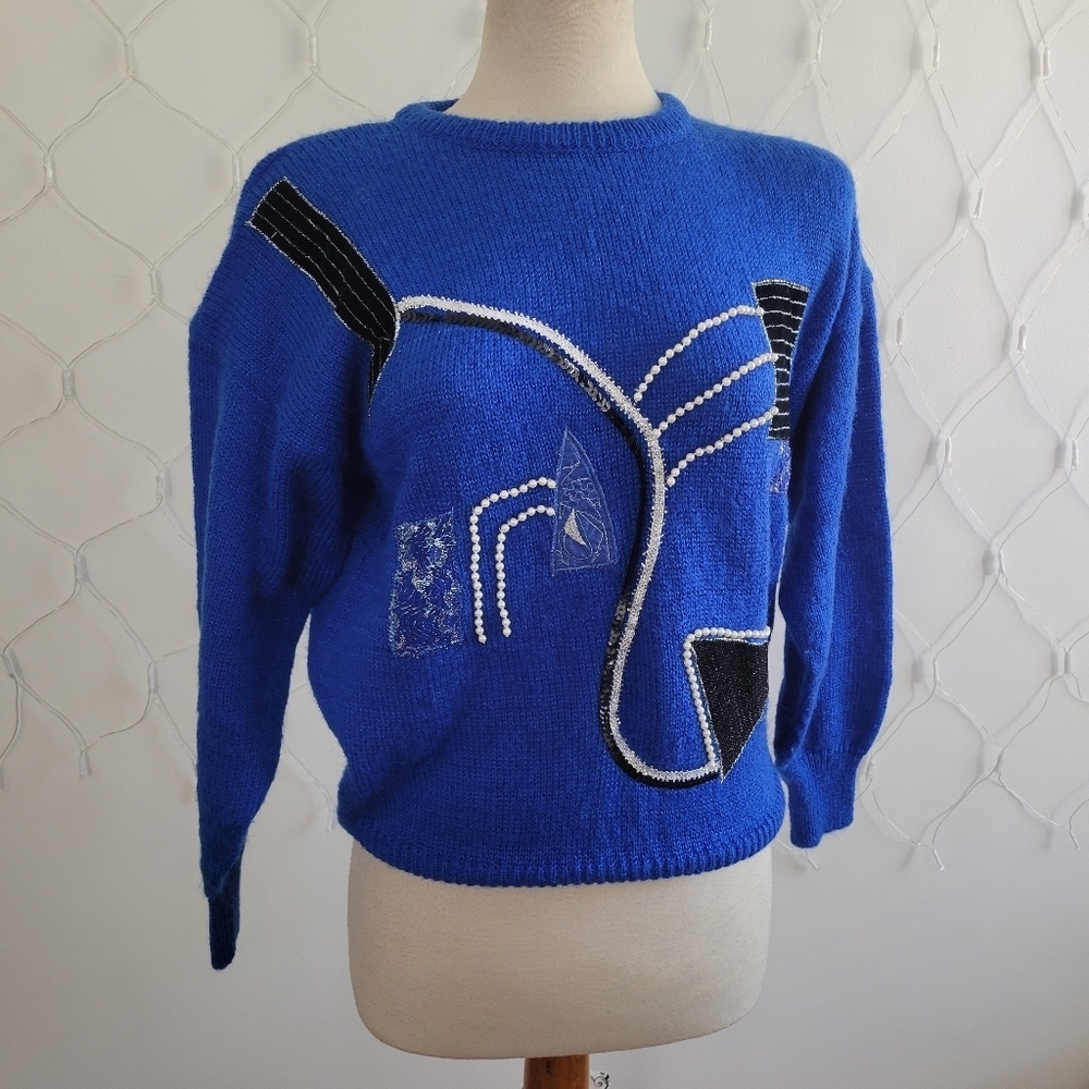 ¤ 80s/90s Royal Blue Abstract Textured  Sweater • By Glitz • Size Medium